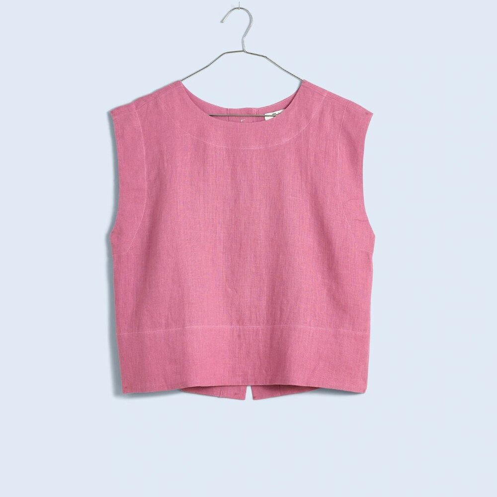 Madewell Bateau-Neck Tank in 100% Linen Beach Coastal Vacation in Shaded Pink L
